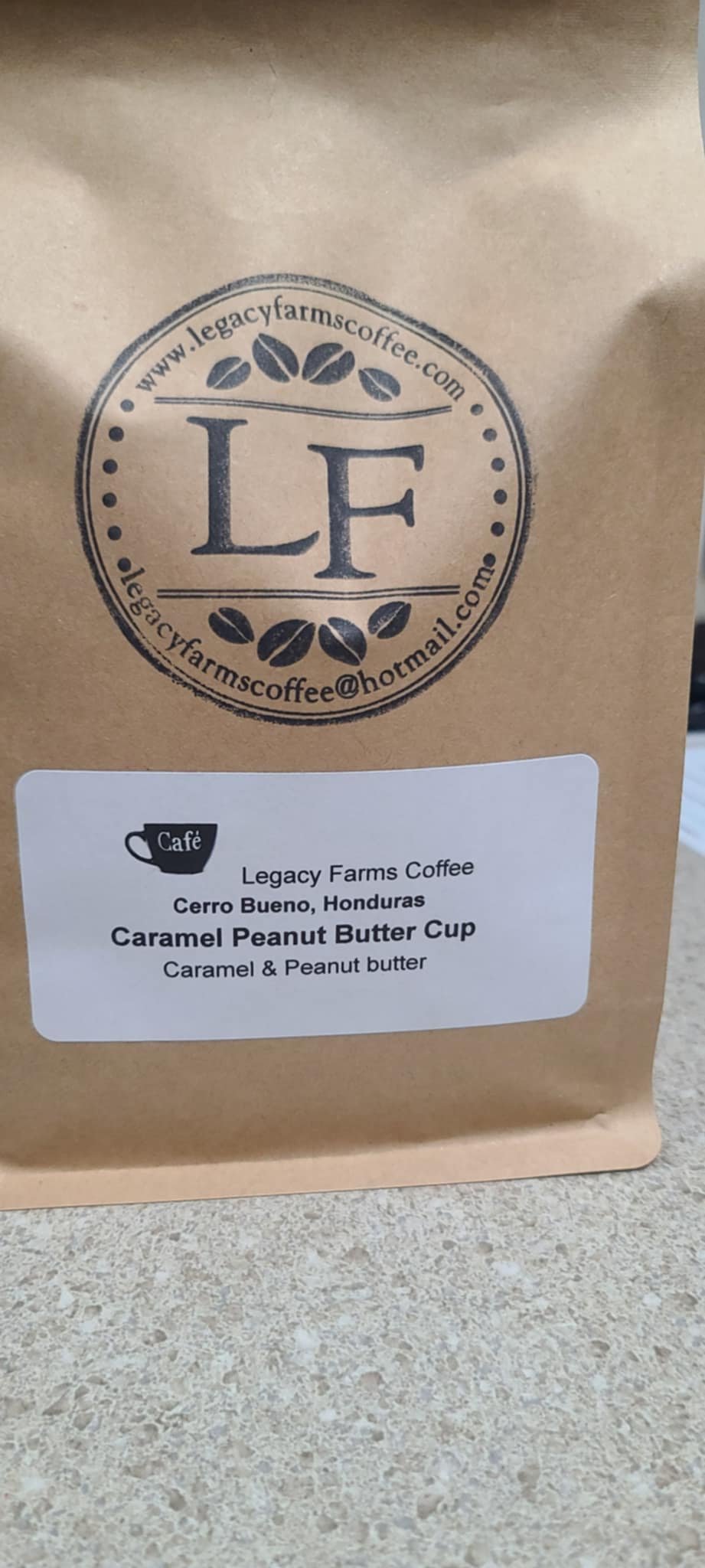 Caramel Peanut Butter Cup flavored coffee bag, Legacy Farms