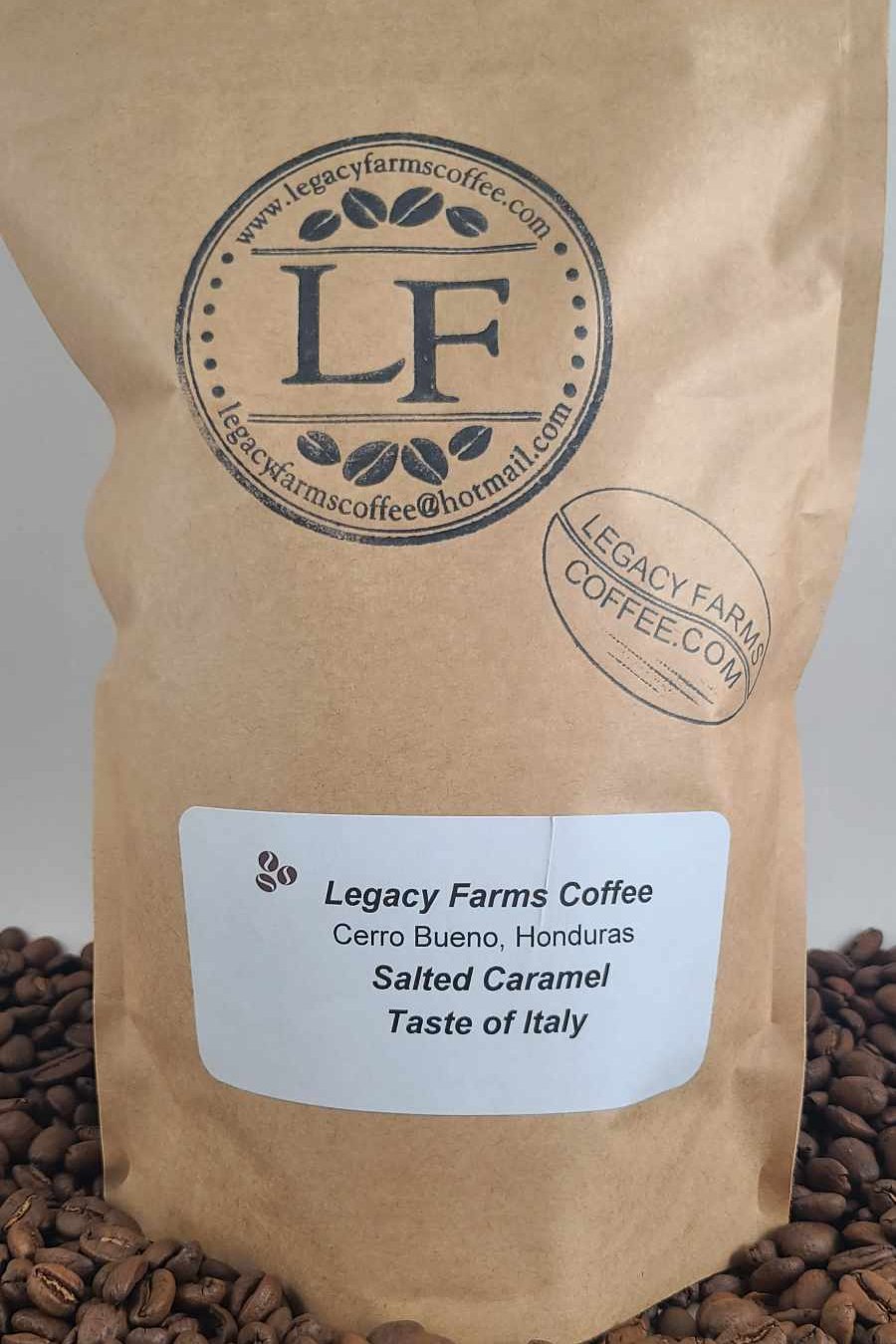 Salted Caramel flavored coffee bag, Legacy Farms