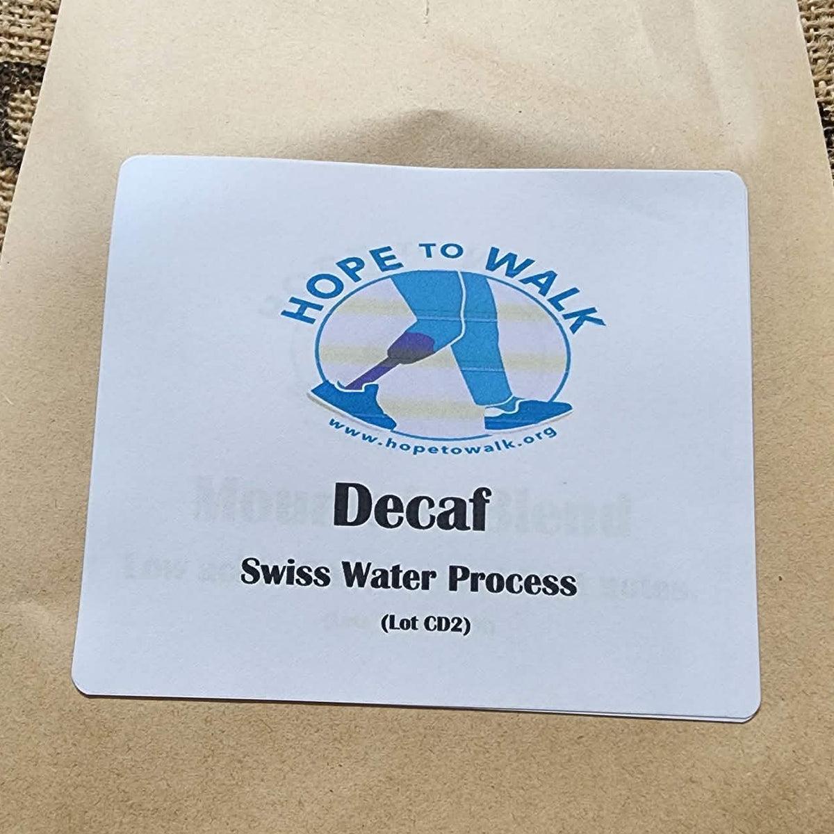 Decaf coffee bag, Hope to Walk edition, Legacy Farms