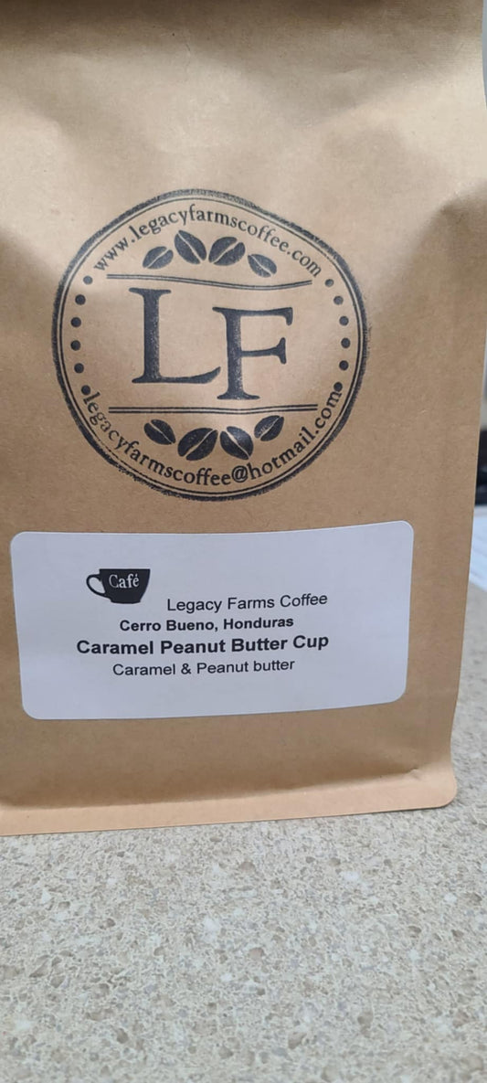Caramel Peanut Butter Cup flavored coffee bag, Legacy Farms
