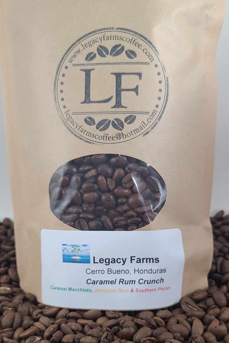 Caramel Rum Crunch flavored coffee bag, Legacy Farms
