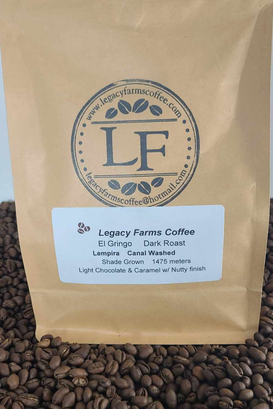 El Gringo Dark roast coffee bag, Legacy Farms Honduras