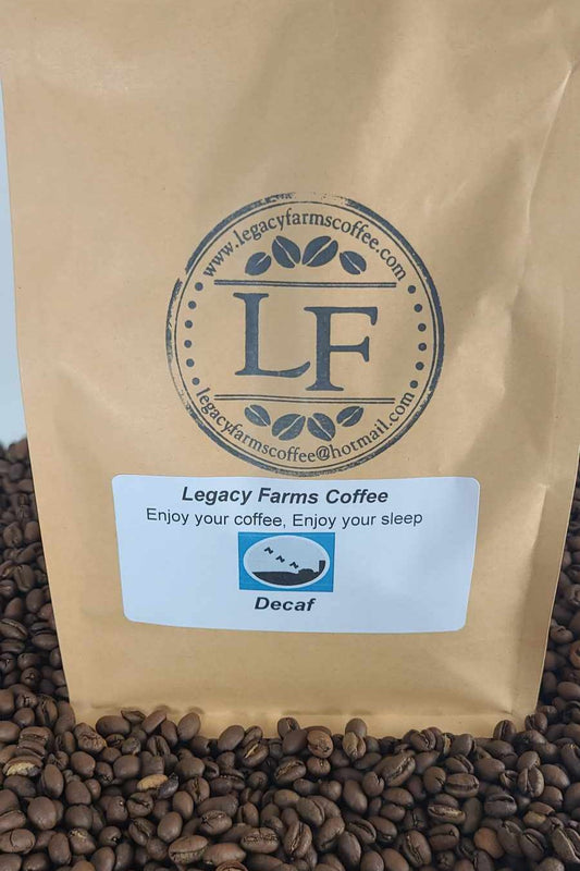 Swiss water decaf coffee bag, Legacy Farms