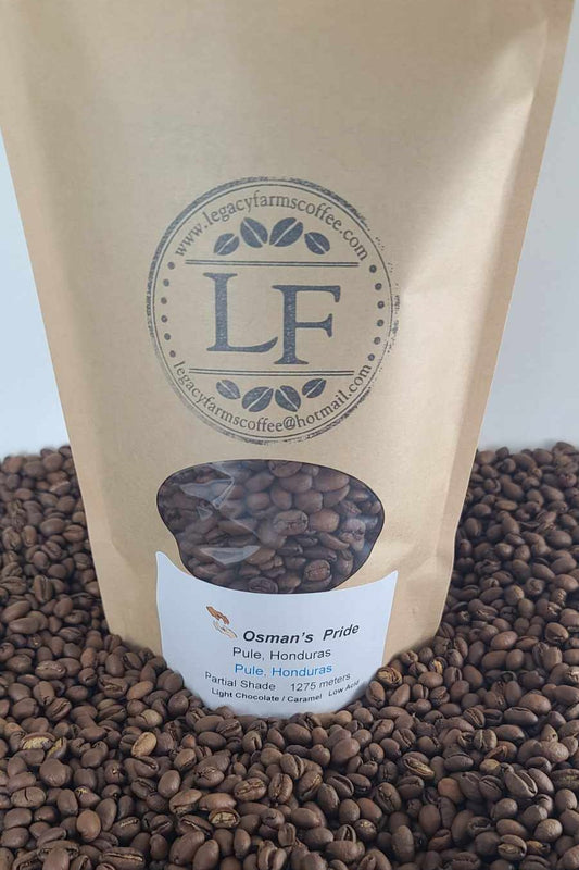 Osman's Pride low acid coffee bag, Legacy Farms
