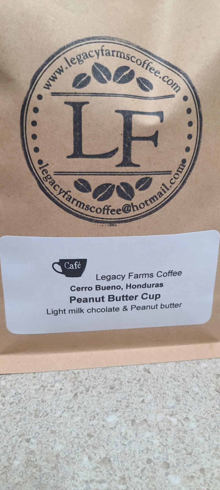 Peanut Butter Cup flavored coffee bag, Legacy Farms