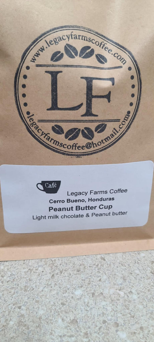 Peanut Butter Cup flavored coffee bag, Legacy Farms