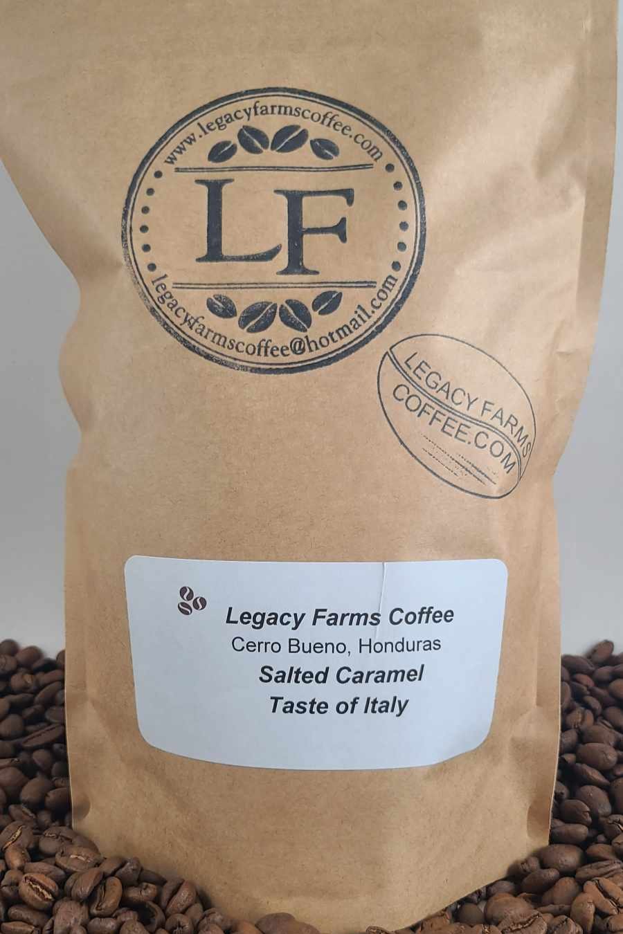 Salted Caramel flavored coffee bag, Legacy Farms