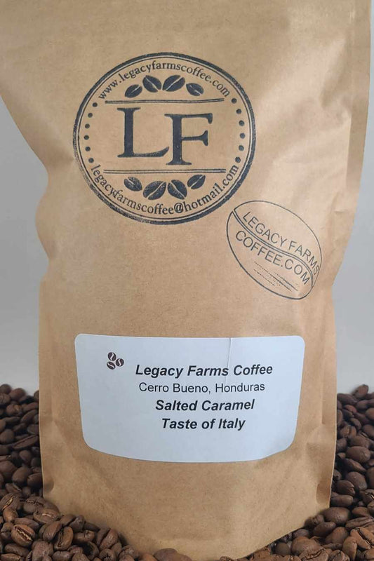 Salted Caramel flavored coffee bag, Legacy Farms