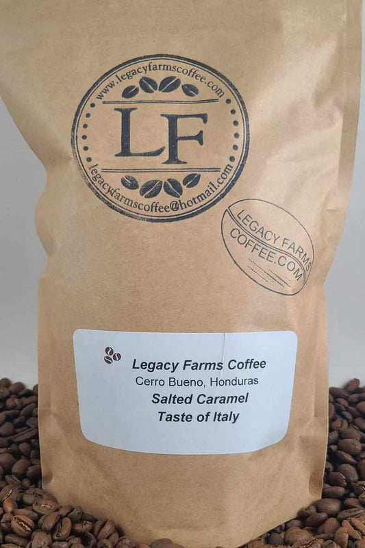Salted Caramel flavored coffee bag, Legacy Farms